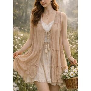 Signature Studio Fairy Boho Sheer Lace Tassel Tie Cardigan L Beige Indie Folk